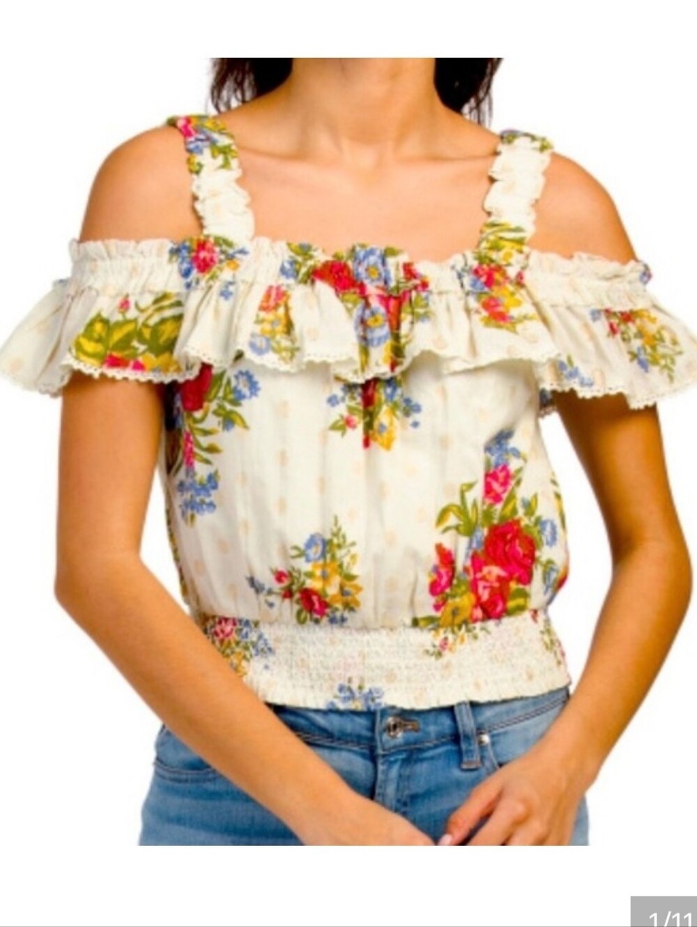 House of Harlow 1960 Cream Floral Off-Shoulder Ruffle Top